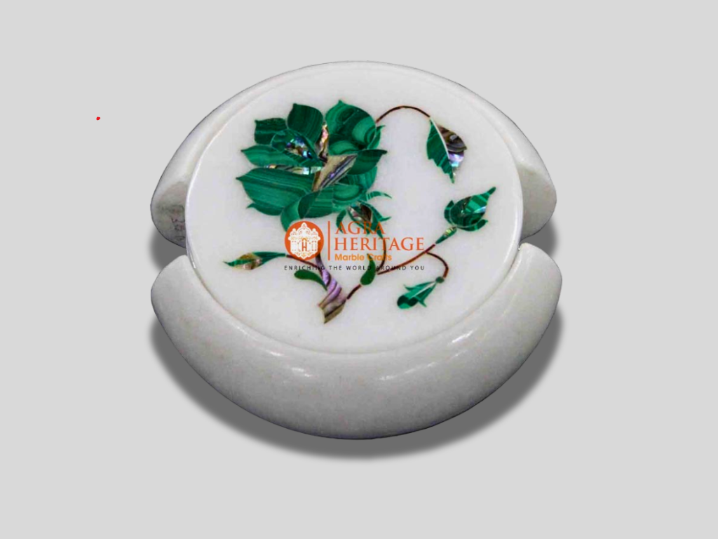 White Marble Coaster Set Malachite Inlay Floral Art Gift